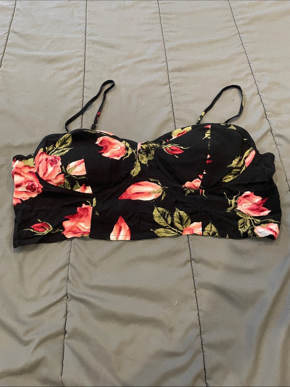 Guess Black Floral Longline Bra Top with Pink Roses